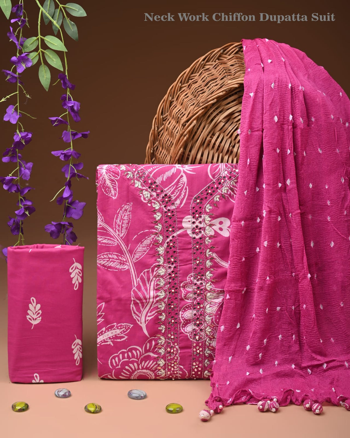 Premium Cotton Suit Set with Multicolor Neck & Zari Chiffon Dupatta (BCTCOTCFG27)