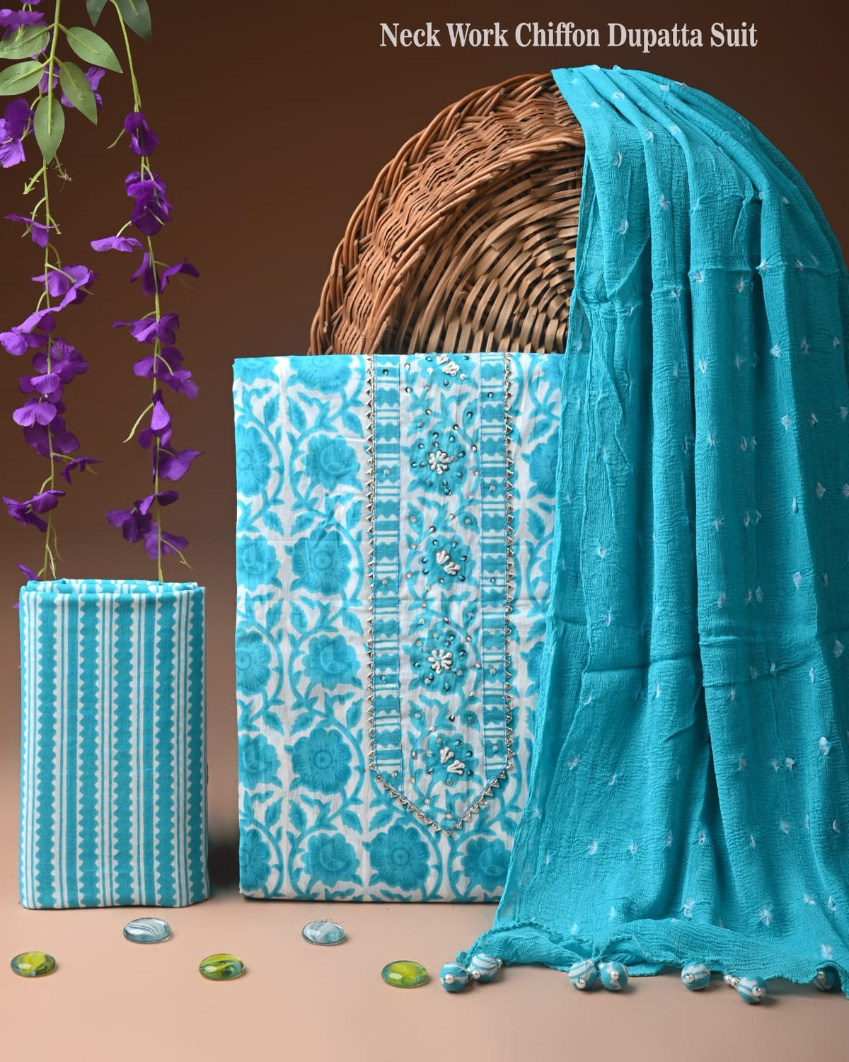 Premium Cotton Suit Set with Multicolor Neck & Zari Chiffon Dupatta (BCTCOTCFG28)