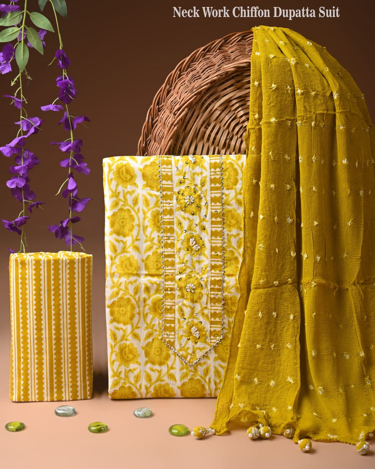 Premium Cotton Suit Set with Multicolor Neck & Zari Chiffon Dupatta (BCTCOTCFG29)