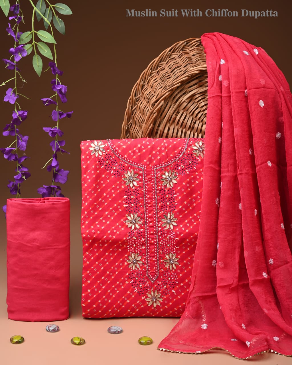 Premium Cotton Suit Set with Multicolor Neck & Zari Chiffon Dupatta (BCTCOTCFG30)