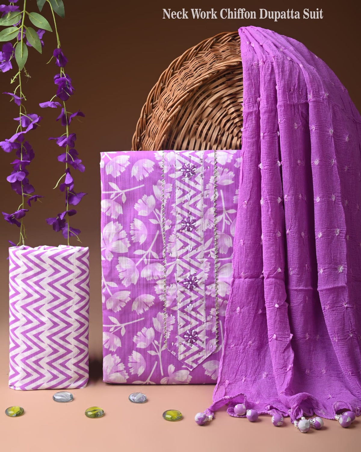 Premium Cotton Suit Set with Multicolor Neck & Zari Chiffon Dupatta (BCTCOTCFG31)
