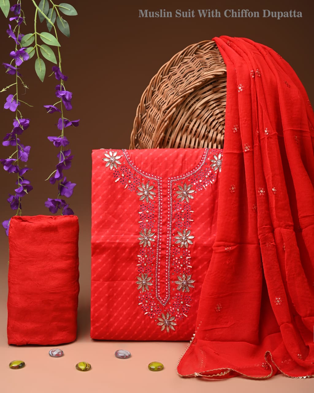 Premium Cotton Suit Set with Multicolor Neck & Zari Chiffon Dupatta (BCTCOTCFG32)