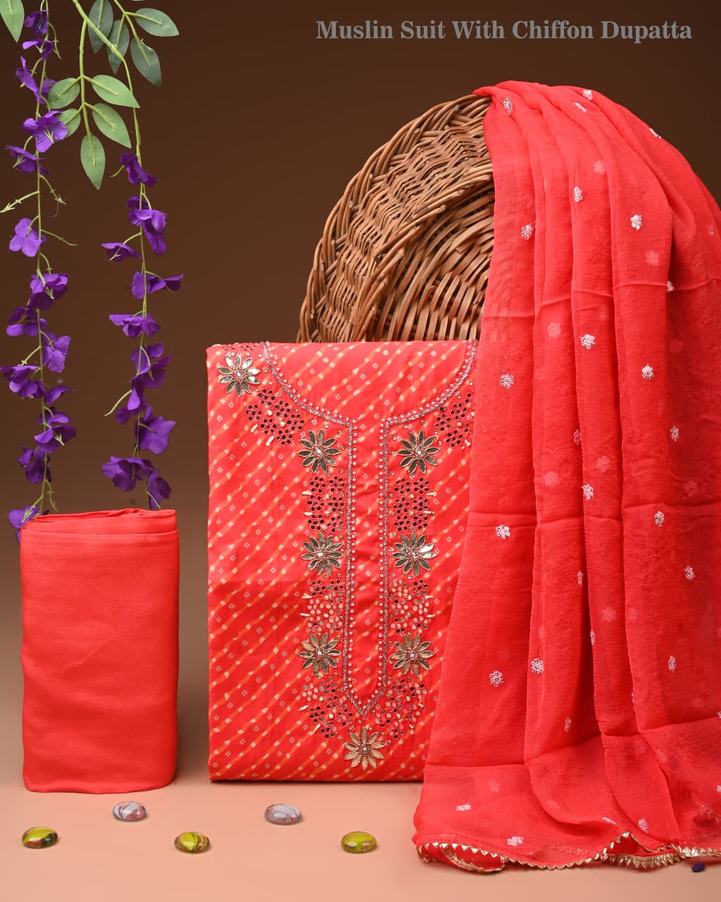 Premium Cotton Suit Set with Multicolor Neck & Zari Chiffon Dupatta (BCTCOTCFG33)