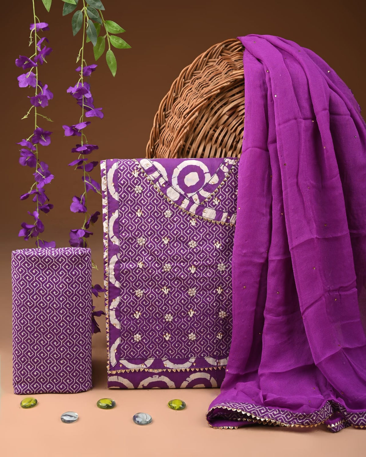 Premium Cotton Suit Set with Multicolor Neck & Zari Chiffon Dupatta (BCTCOTCFG34)
