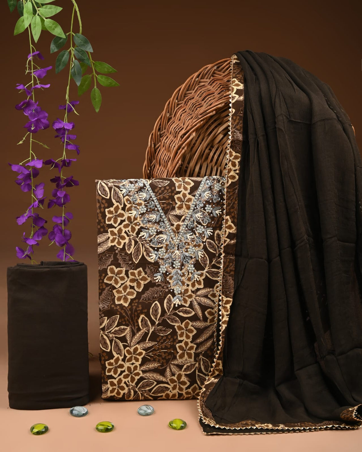 Premium Cotton Suit Set with Multicolor Neck & Zari Chiffon Dupatta (BCTCOTCFG35)