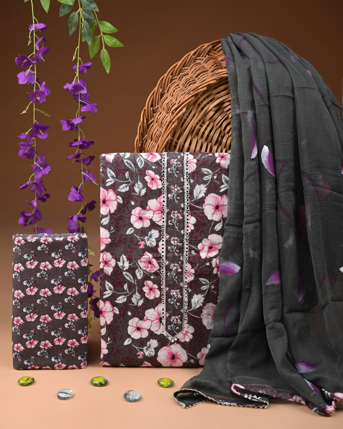 Premium Cotton Suit Set with Multicolor Neck & Zari Chiffon Dupatta (BCTCOTCFG36)