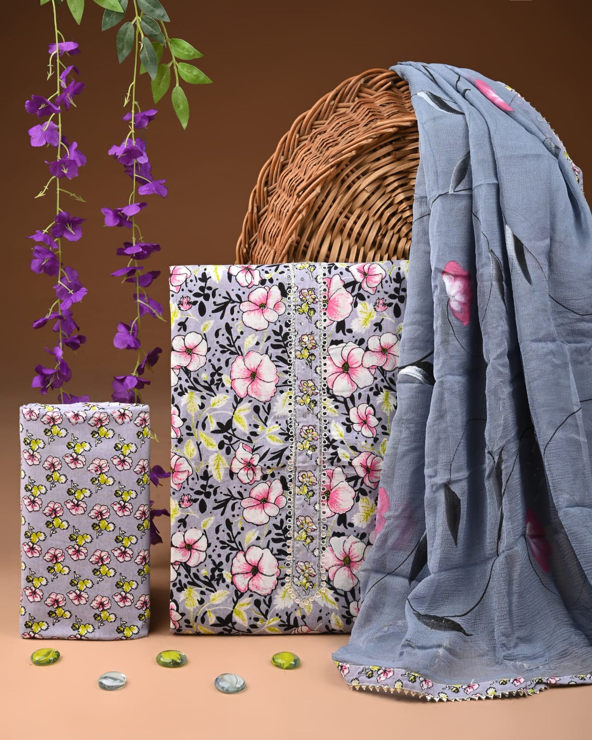 Premium Cotton Suit Set with Multicolor Neck & Zari Chiffon Dupatta (BCTCOTCFG37)