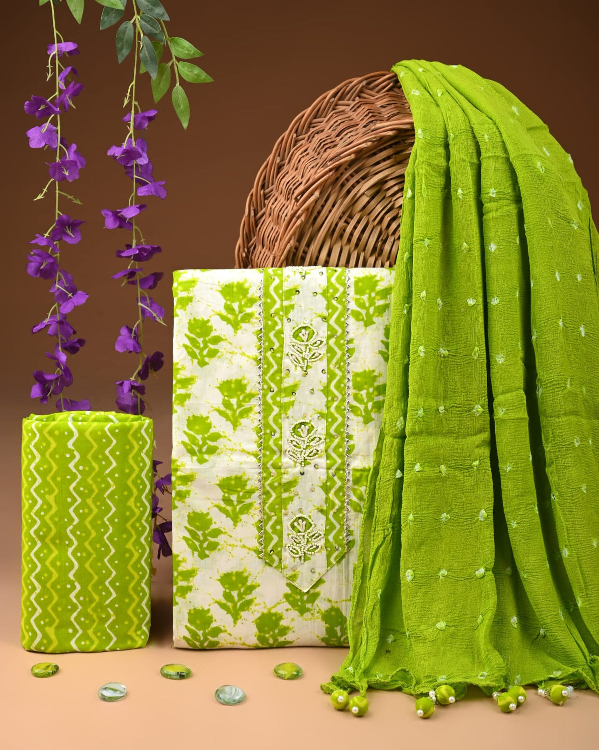Premium Cotton Suit Set with Multicolor Neck & Zari Chiffon Dupatta (BCTCOTCFG38)