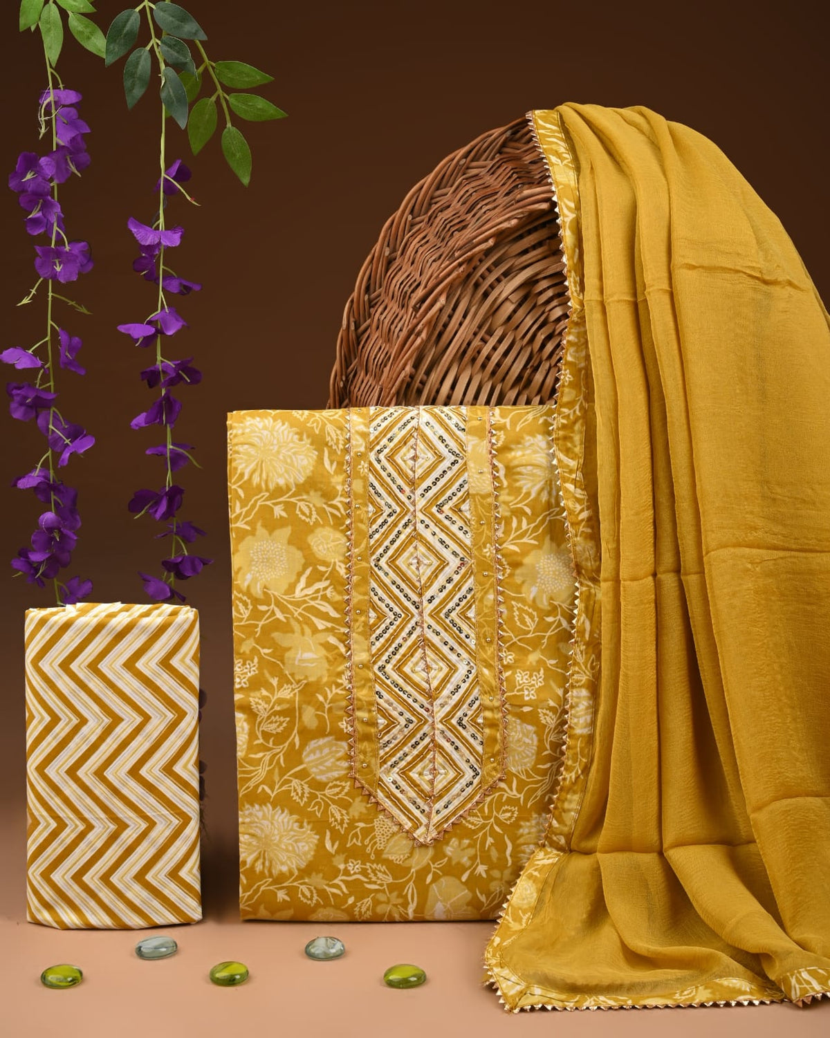 Premium Cotton Suit Set with Multicolor Neck & Zari Chiffon Dupatta (BCTCOTCFG39)