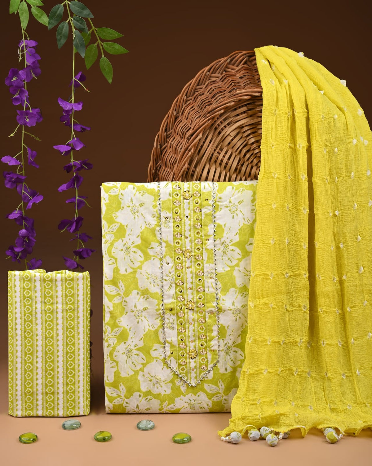 Premium Cotton Suit Set with Multicolor Neck & Zari Chiffon Dupatta (BCTCOTCFG40)