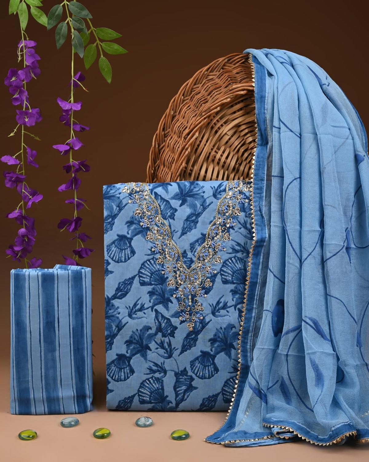 Premium Cotton Suit Set with Multicolor Neck & Zari Chiffon Dupatta (BCTCOTCFG41)
