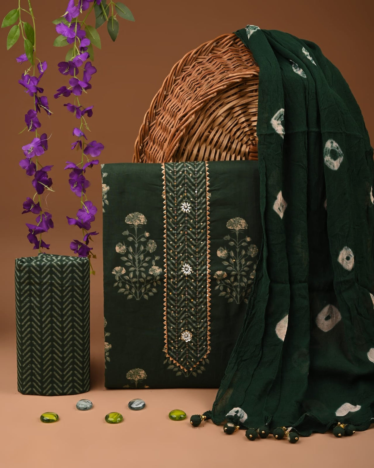 Premium Cotton Suit Set with Multicolor Neck & Zari Chiffon Dupatta (BCTCOTCFG43)