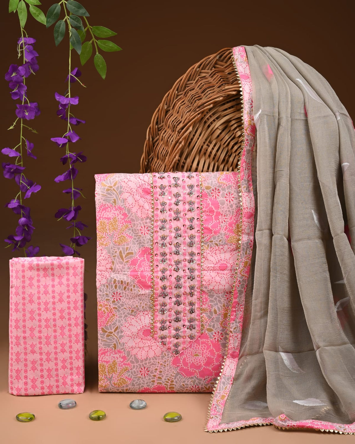 Premium Cotton Suit Set with Multicolor Neck & Zari Chiffon Dupatta (BCTCOTCFG44)