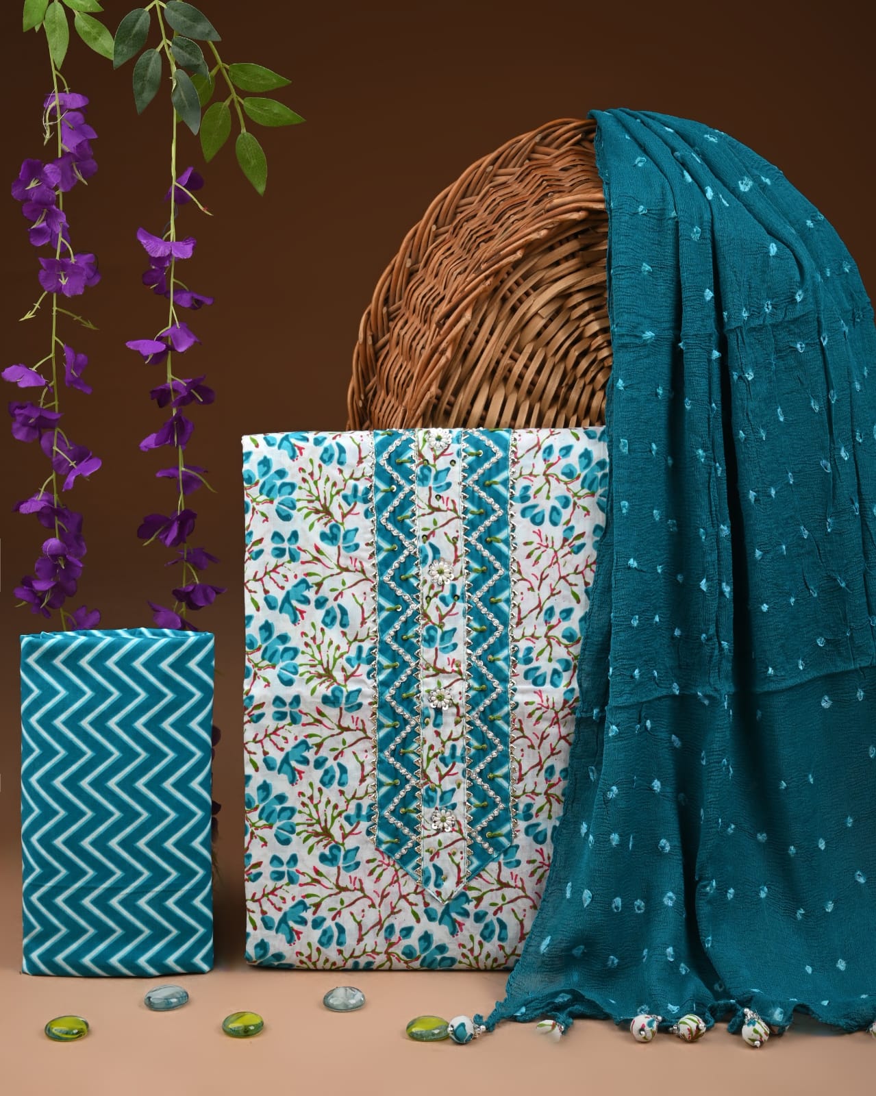 Premium Cotton Suit Set with Multicolor Neck & Zari Chiffon Dupatta (BCTCOTCFG46)