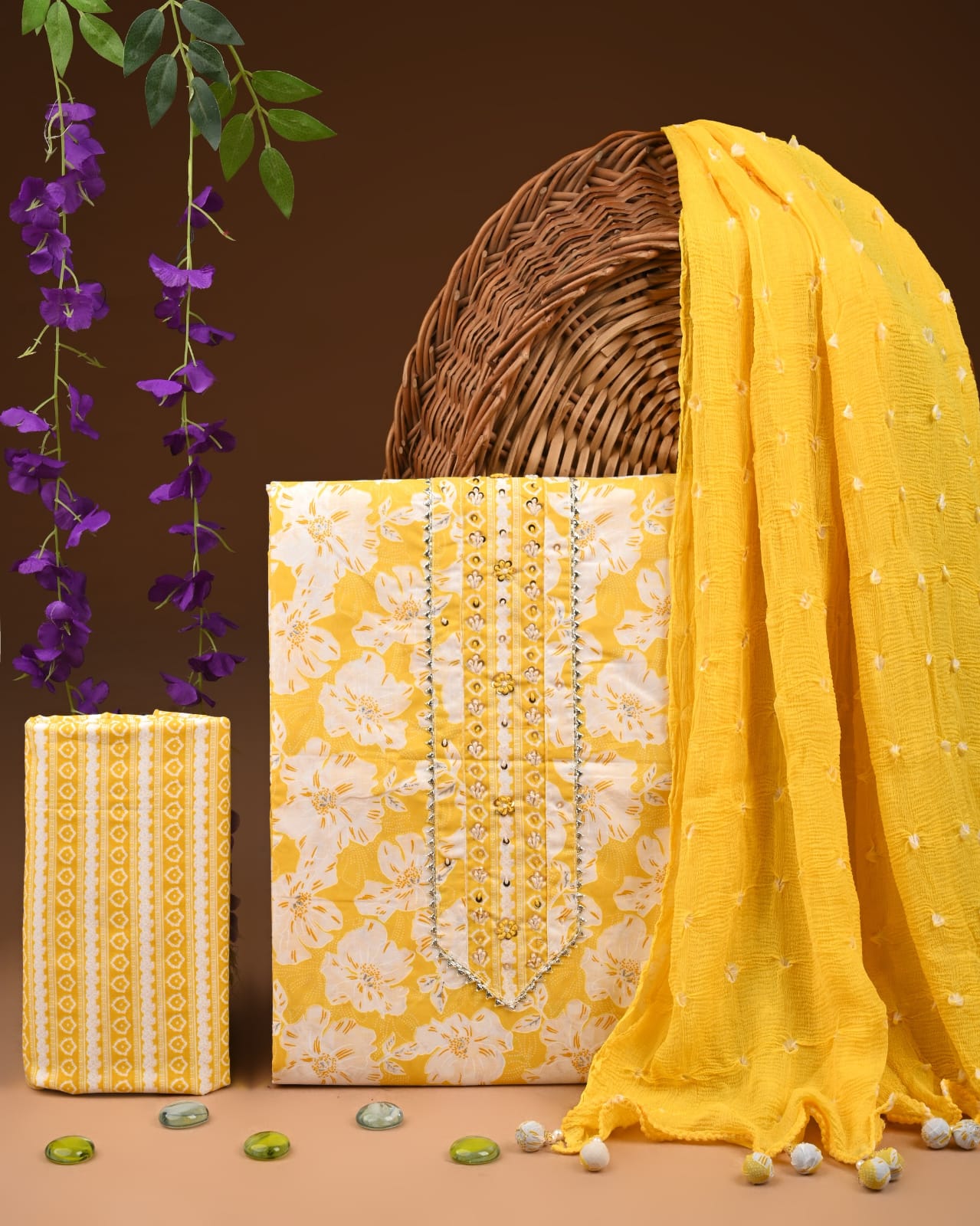 Premium Cotton Suit Set with Multicolor Neck & Zari Chiffon Dupatta (BCTCOTCFG47)