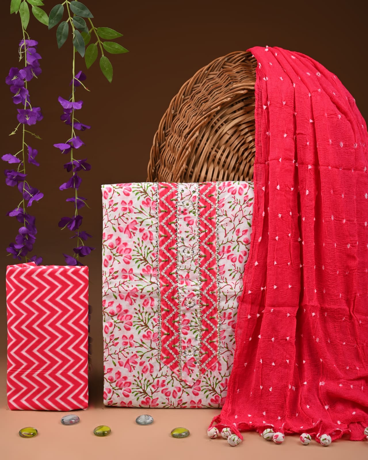 Premium Cotton Suit Set with Multicolor Neck & Zari Chiffon Dupatta (BCTCOTCFG48)