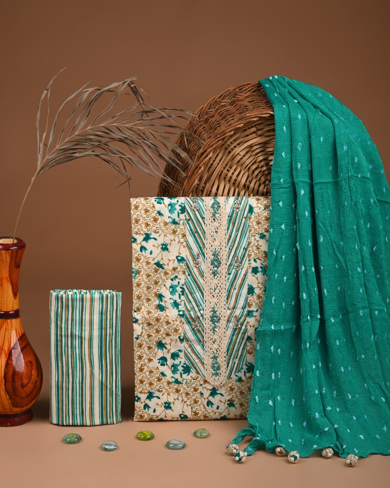 Premium Cotton Suit Set with Multicolor Neck & Zari Chiffon Dupatta (BCTCOTCFG49)