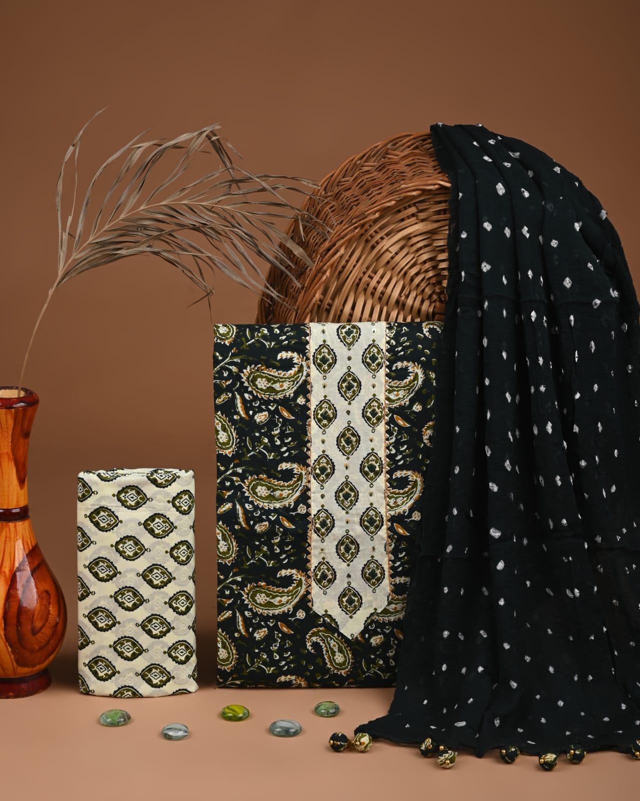 Premium Cotton Suit Set with Multicolor Neck & Zari Chiffon Dupatta (BCTCOTCFG50)