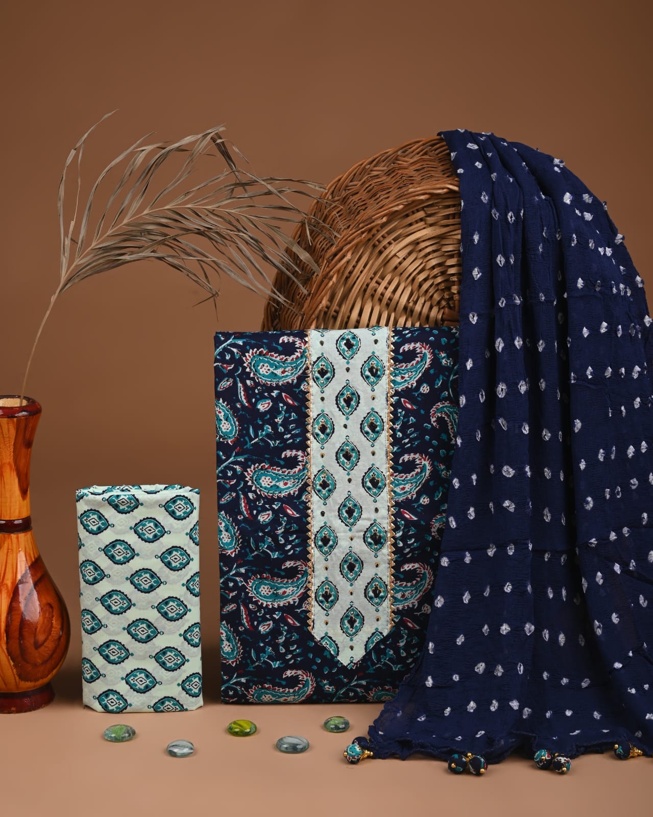 Premium Cotton Suit Set with Multicolor Neck & Zari Chiffon Dupatta (BCTCOTCFG51)