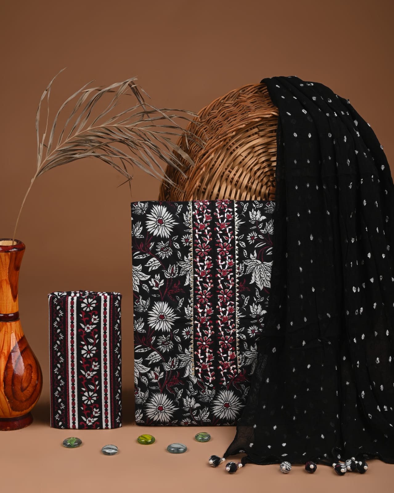 Premium Cotton Suit Set with Multicolor Neck & Zari Chiffon Dupatta (BCTCOTCFG52)