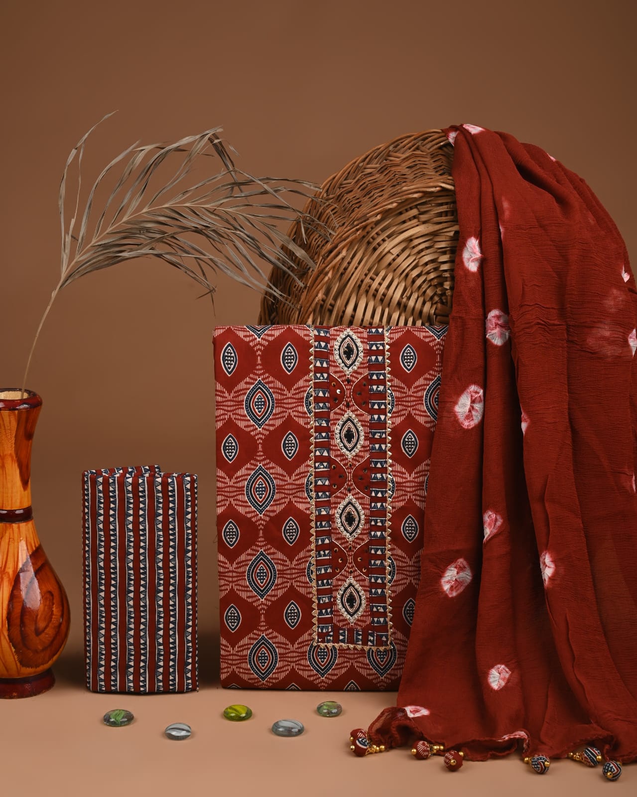 Premium Cotton Suit Set with Multicolor Neck & Zari Chiffon Dupatta (BCTCOTCFG53)