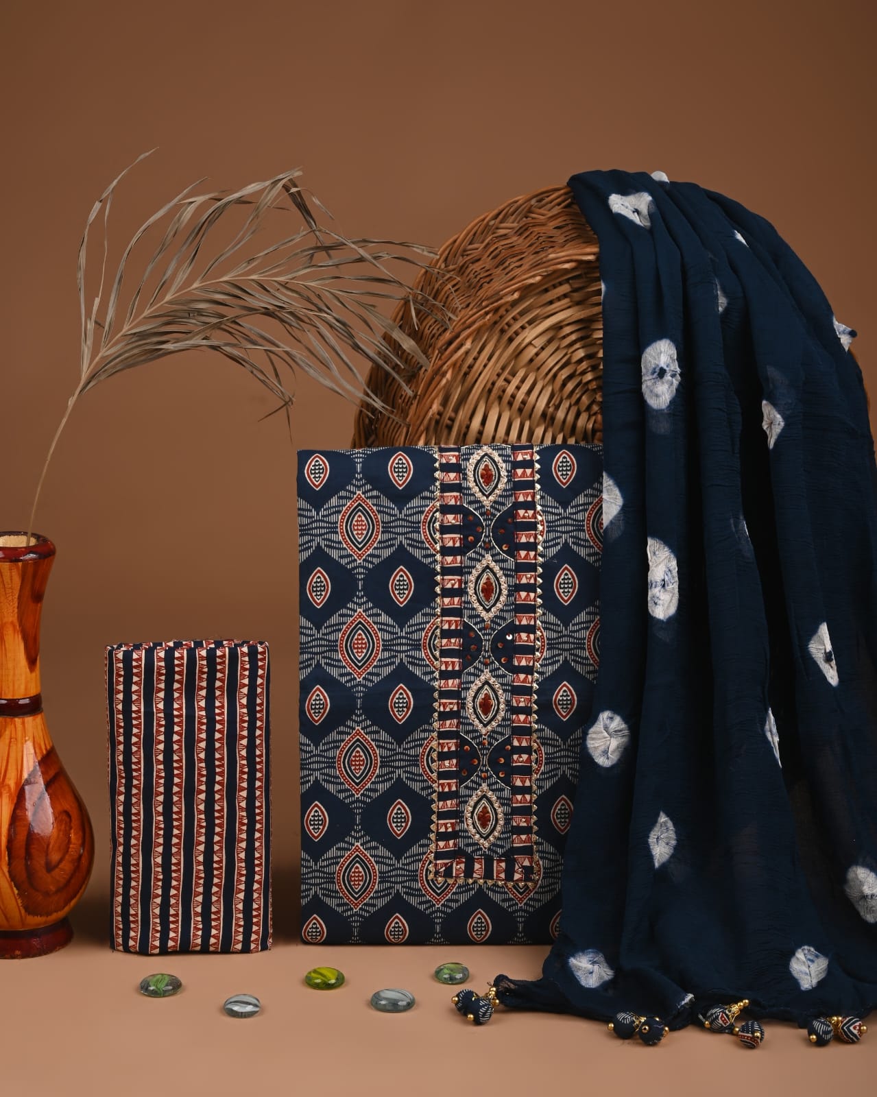 Premium Cotton Suit Set with Multicolor Neck & Zari Chiffon Dupatta (BCTCOTCFG54)