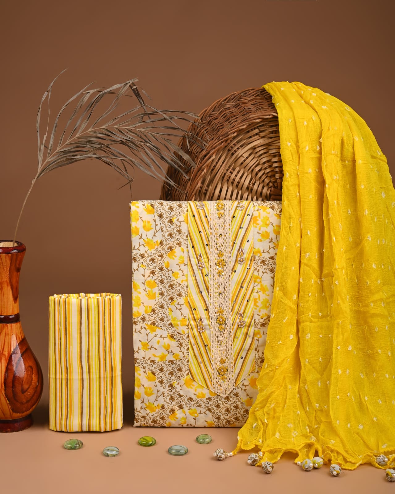 Premium Cotton Suit Set with Multicolor Neck & Zari Chiffon Dupatta (BCTCOTCFG55)