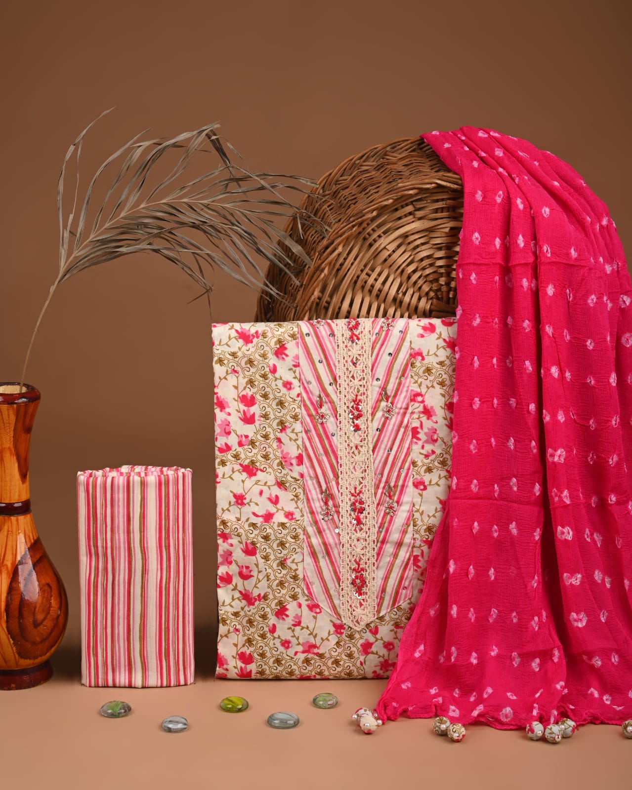 Premium Cotton Suit Set with Multicolor Neck & Zari Chiffon Dupatta (BCTCOTCFG56)