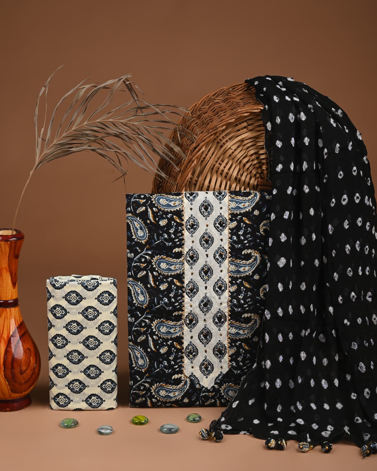 Premium Cotton Suit Set with Multicolor Neck & Zari Chiffon Dupatta (BCTCOTCFG57)